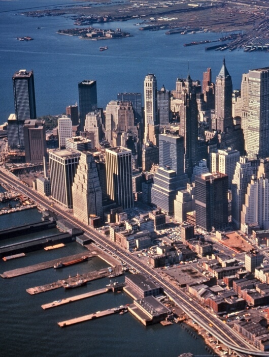 Zoomed out overhead shot of New York City in the 1970s